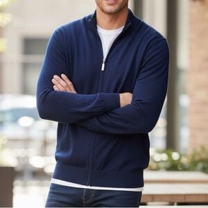PAUL STUART Cotton Full Double Zip Cardigan Jacket Sweater in Navy